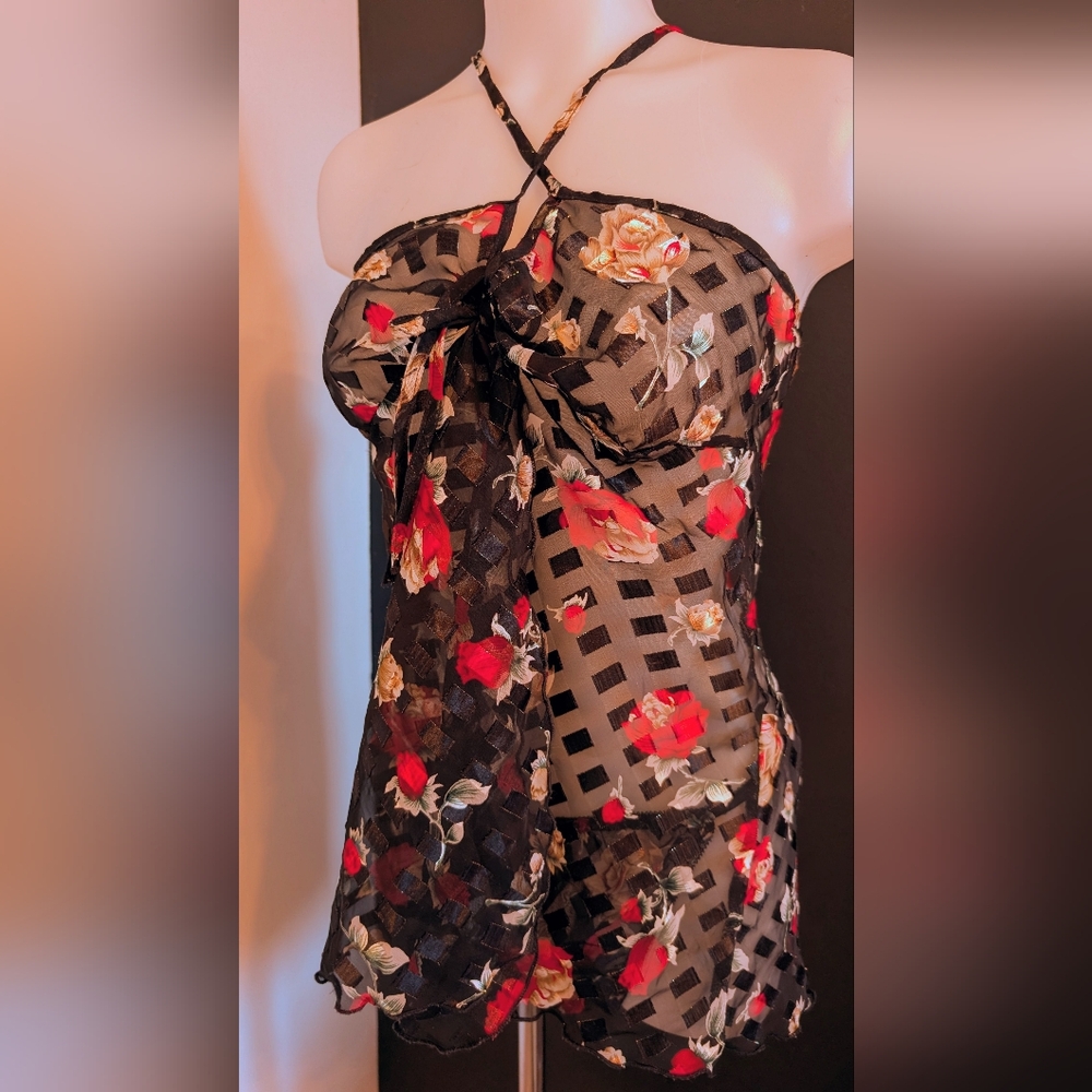 Floral Black and Red Strapless Dress